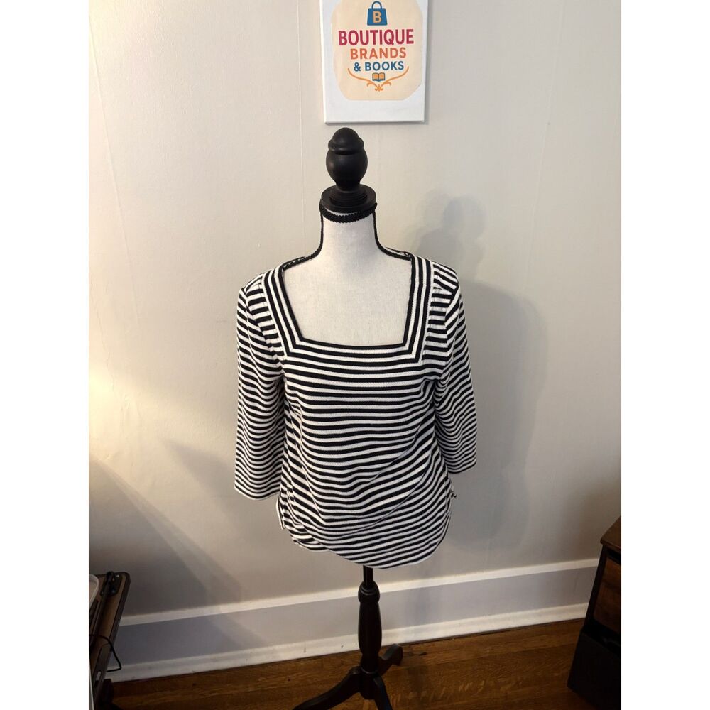 Talbots Black & White Striped Square Neck Top Size Small